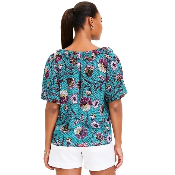 LOFT Botanical Lace Up Ruffle Top Floral Green Size M Nwot - Picture 3 of 4